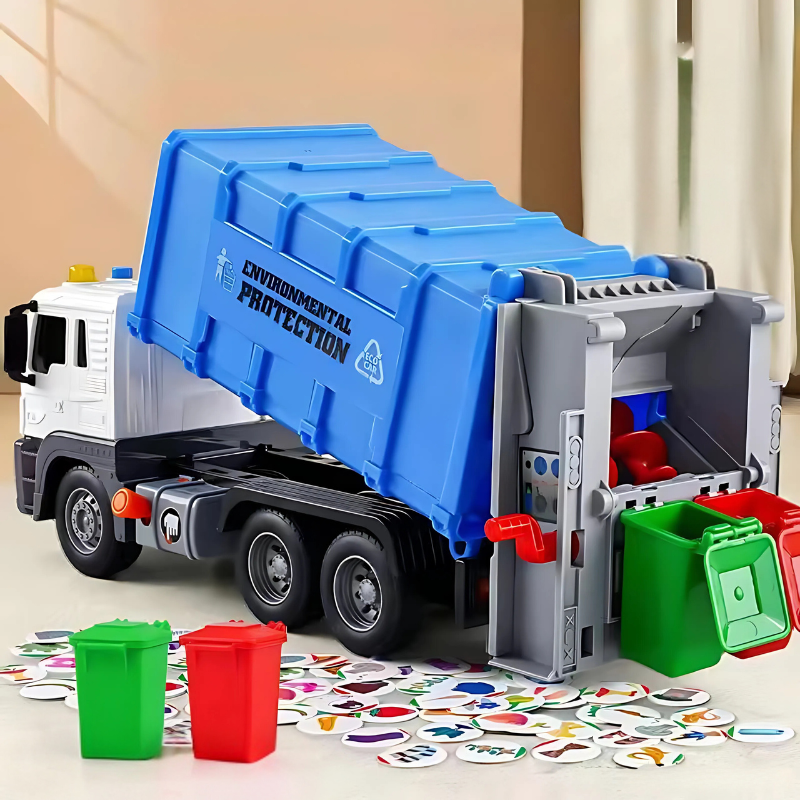 Bright green kids' vehicle, an interactive recycling toy truck with realistic lights and sound effects