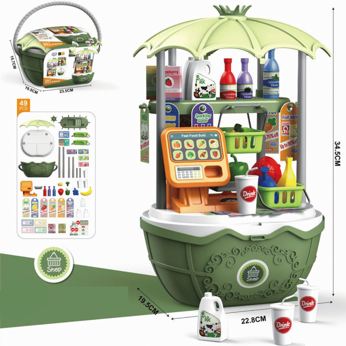 Overhead shot of the kids' ice cream & candy cart, showcasing all included accessories.
