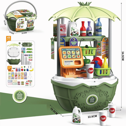 Overhead shot of the kids' ice cream & candy cart, showcasing all included accessories.
