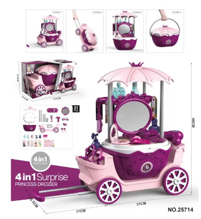 Assorted toy lollipops and sweets on the kids' interactive candy cart, great for imaginative games.