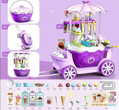 Child happily playing with the ice cream and candy cart, a fun educational toy for kids.