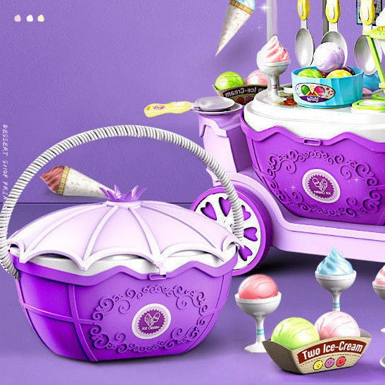 Detailed view of the vibrant candy selection on the kids' interactive ice cream cart playset.