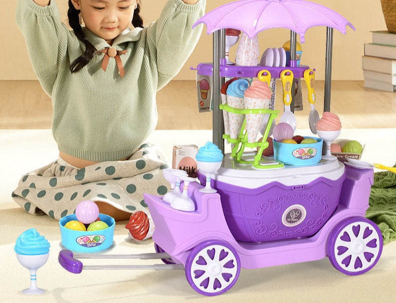 Kids' playset: ice cream cart with assorted candies, ideal for roleplay and learning.