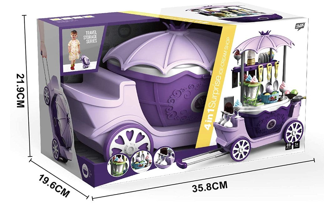 Front view of the fully stocked kids' ice cream & candy cart toy, ready for imaginative sales.