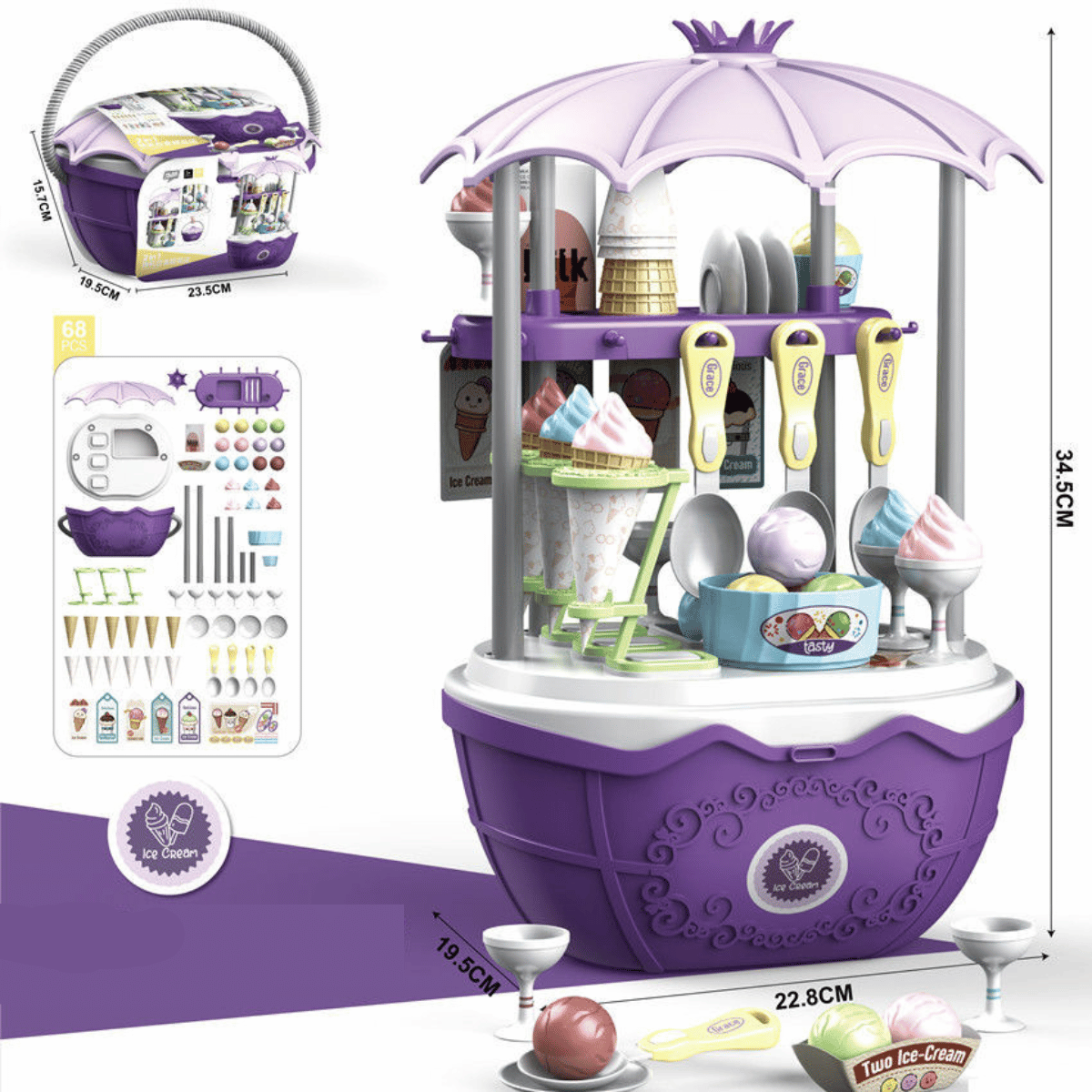 Side profile of the educational ice cream and candy cart playset for young children.