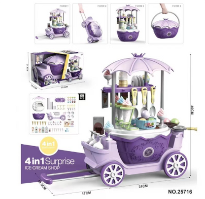Various toy ice cream flavors and toppings displayed on the kids' interactive cart.