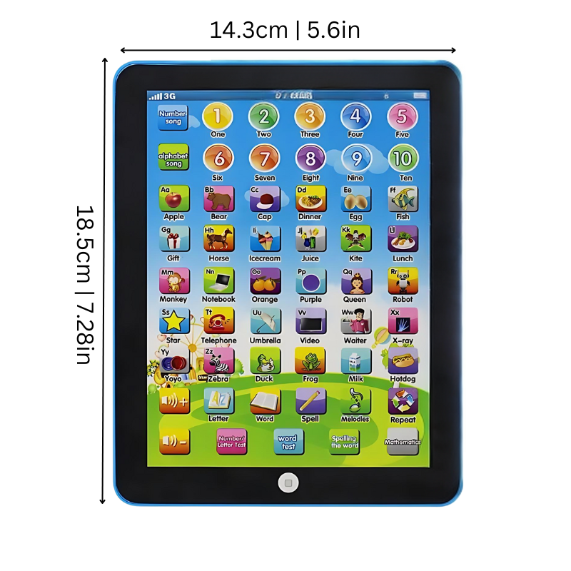 Preschooler girl playing with a sensory learning tablet, an educational electronic toy for children