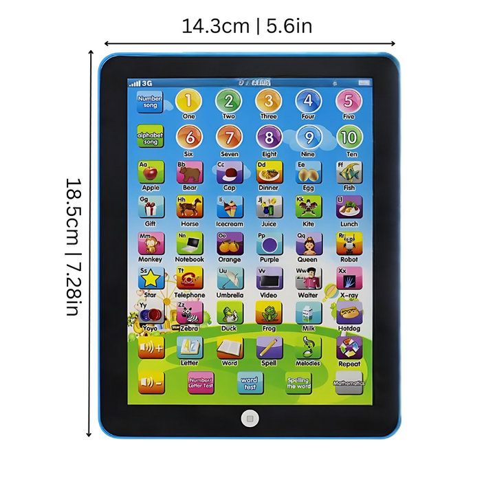 Preschooler girl playing with a sensory learning tablet, an educational electronic toy for children