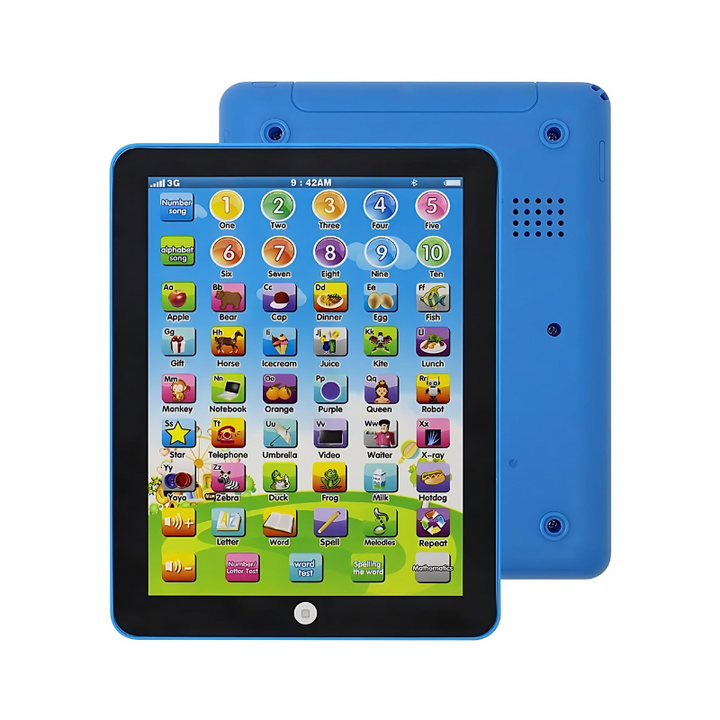 Close-up of a child's hands on an interactive learning tablet screen, promoting early education