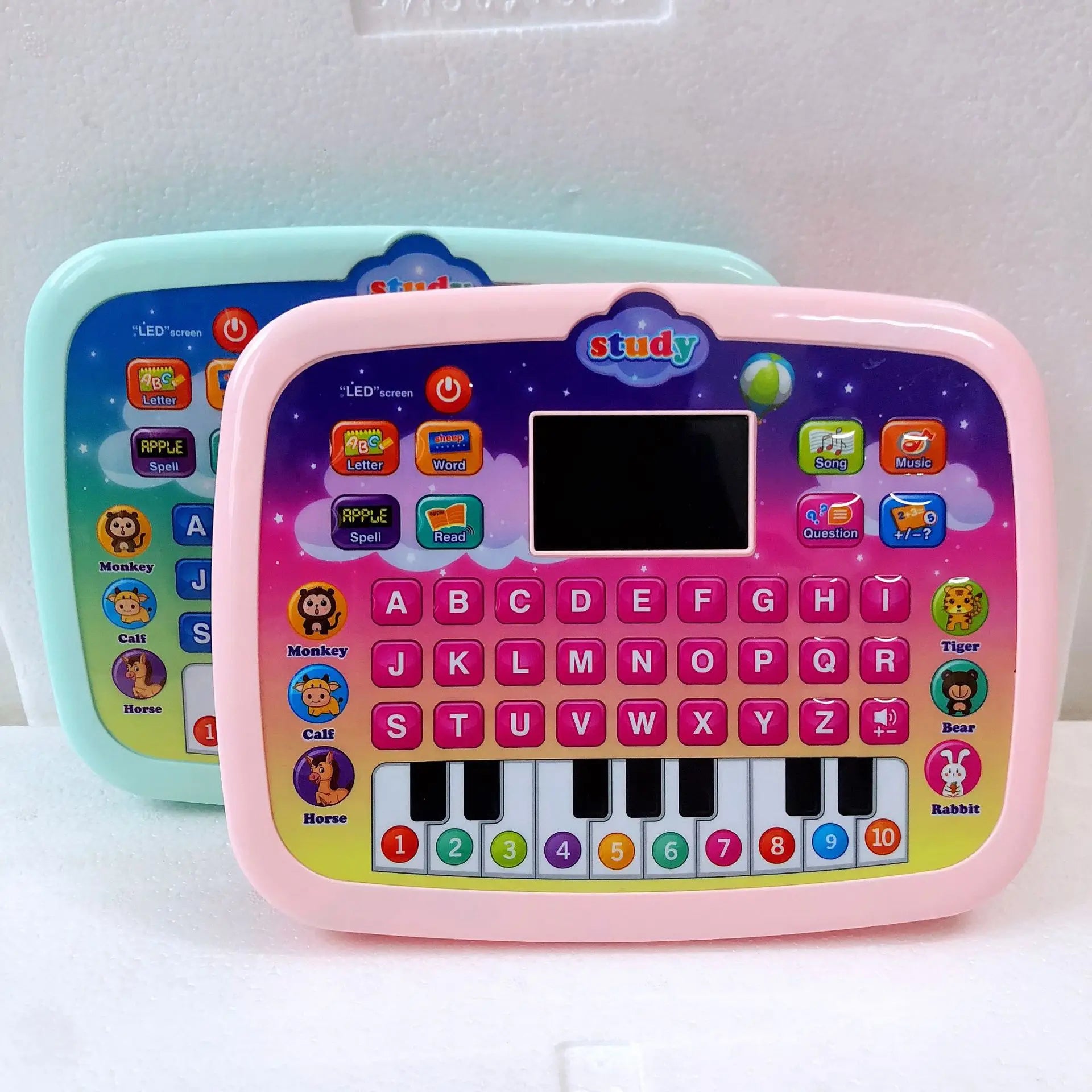 Kids interactive learning tablet with colorful lights and sound, teaching language and math skills.