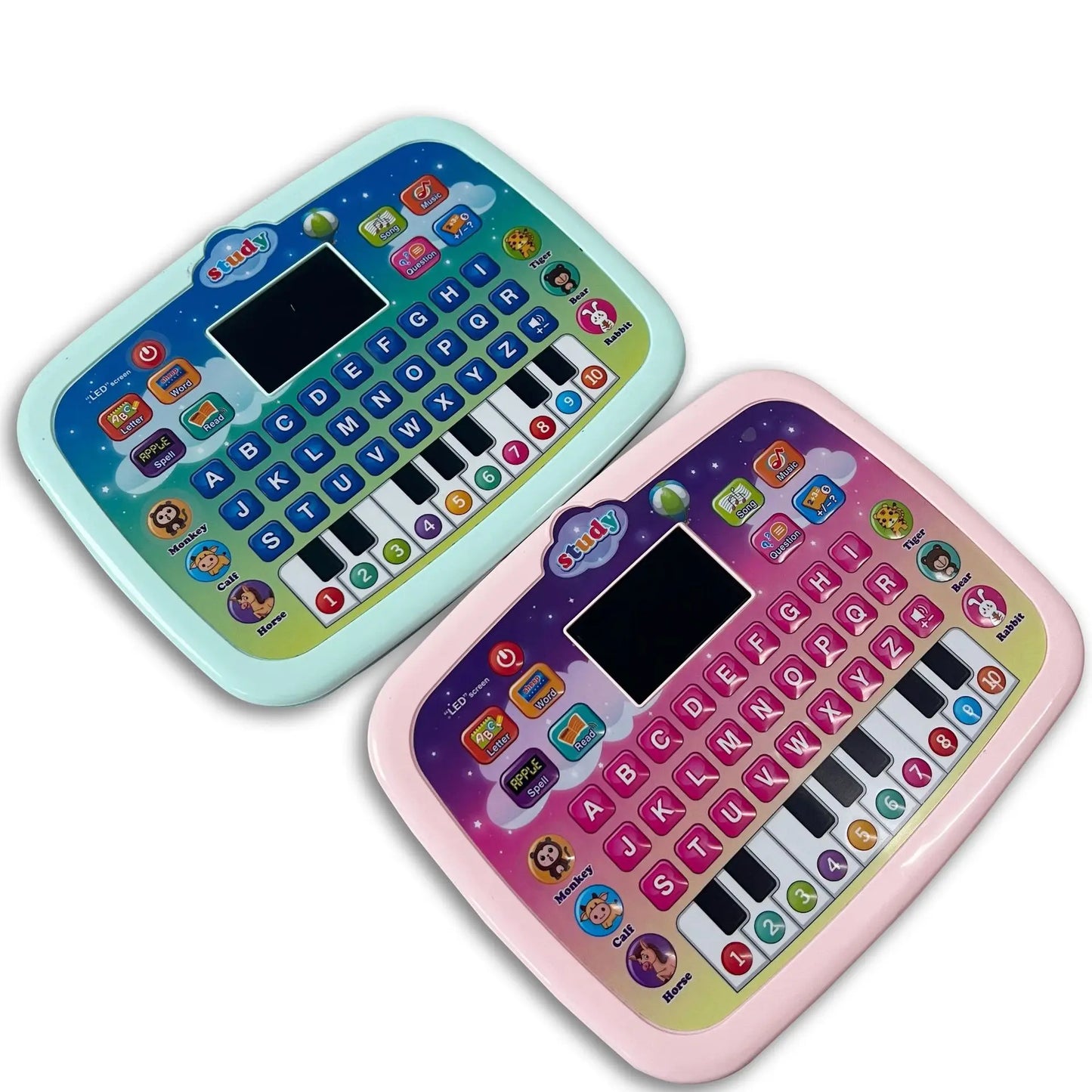Toddler holding a bright educational toy tablet, engaged in early development learning games.