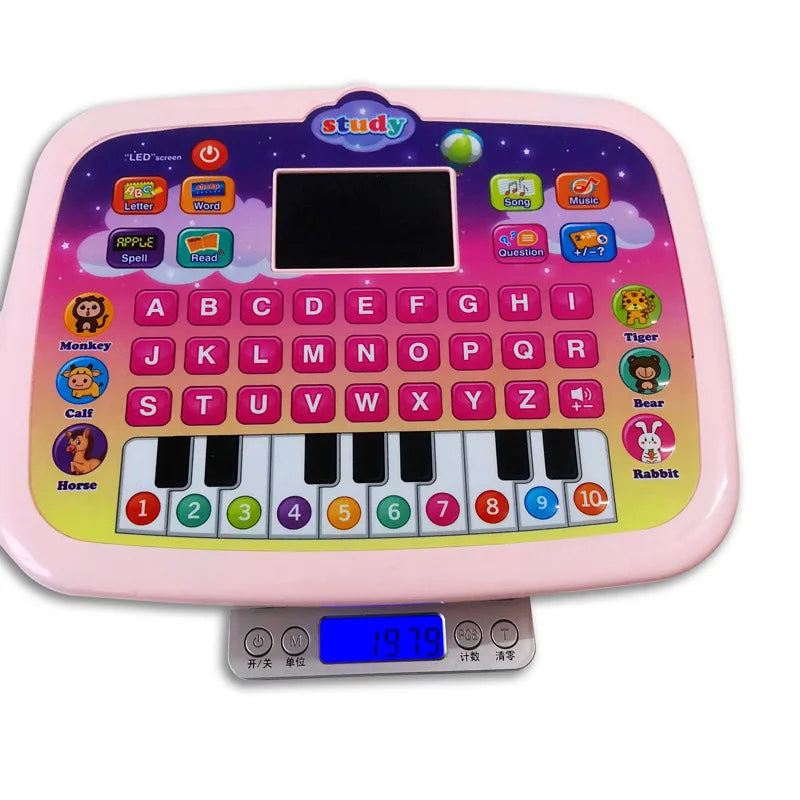 Educational toy tablet with vibrant buttons and lights, stimulating toddler activity and math skills.