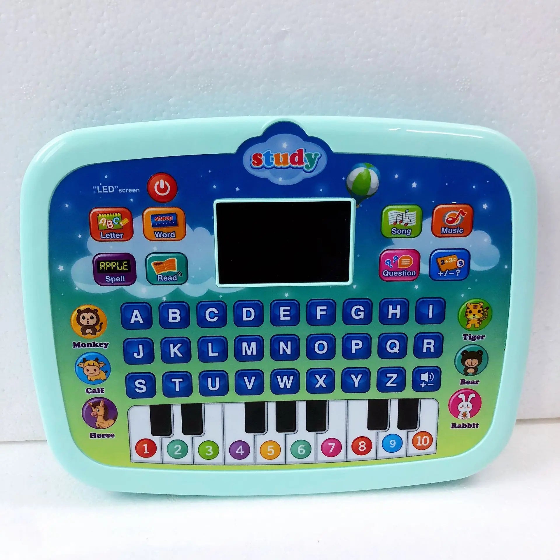 Child playing with an interactive learning tablet, a fun way to develop early education skills.