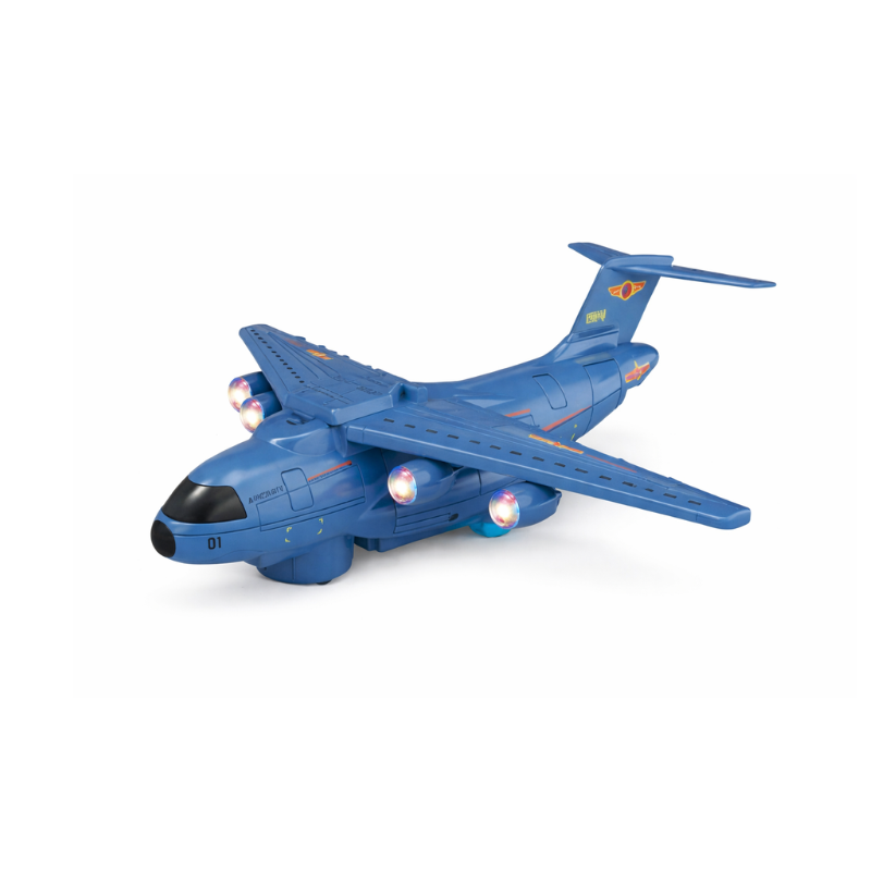 Close-up of a child's hand activating the light and sound features on a toy jet