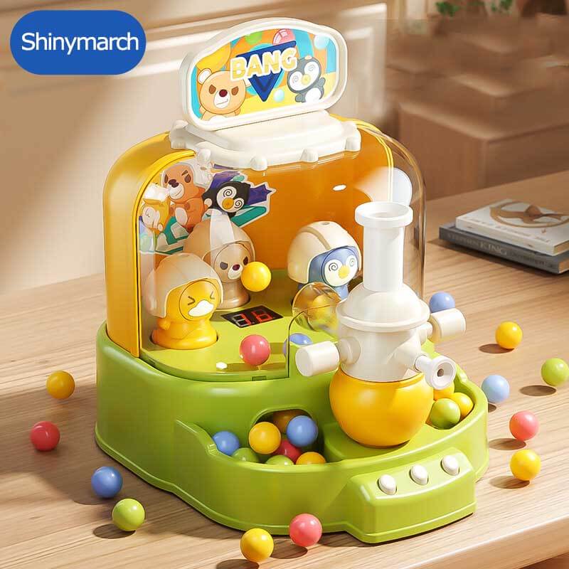 Kids' interactive marble shooting game with colorful pieces, eco-friendly design