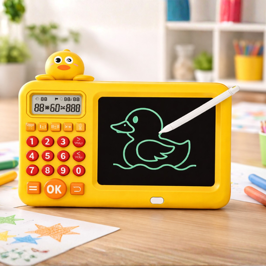 Kids' interactive math calculator with LCD writing doodle board, perfect for screen-free learning & Montessori education.