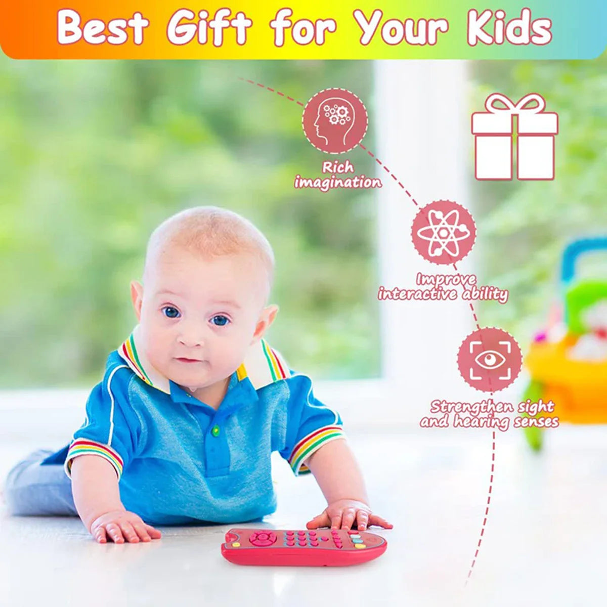 Sensory learning phone toy for kids, with colorful lights, sounds, & tactile buttons.