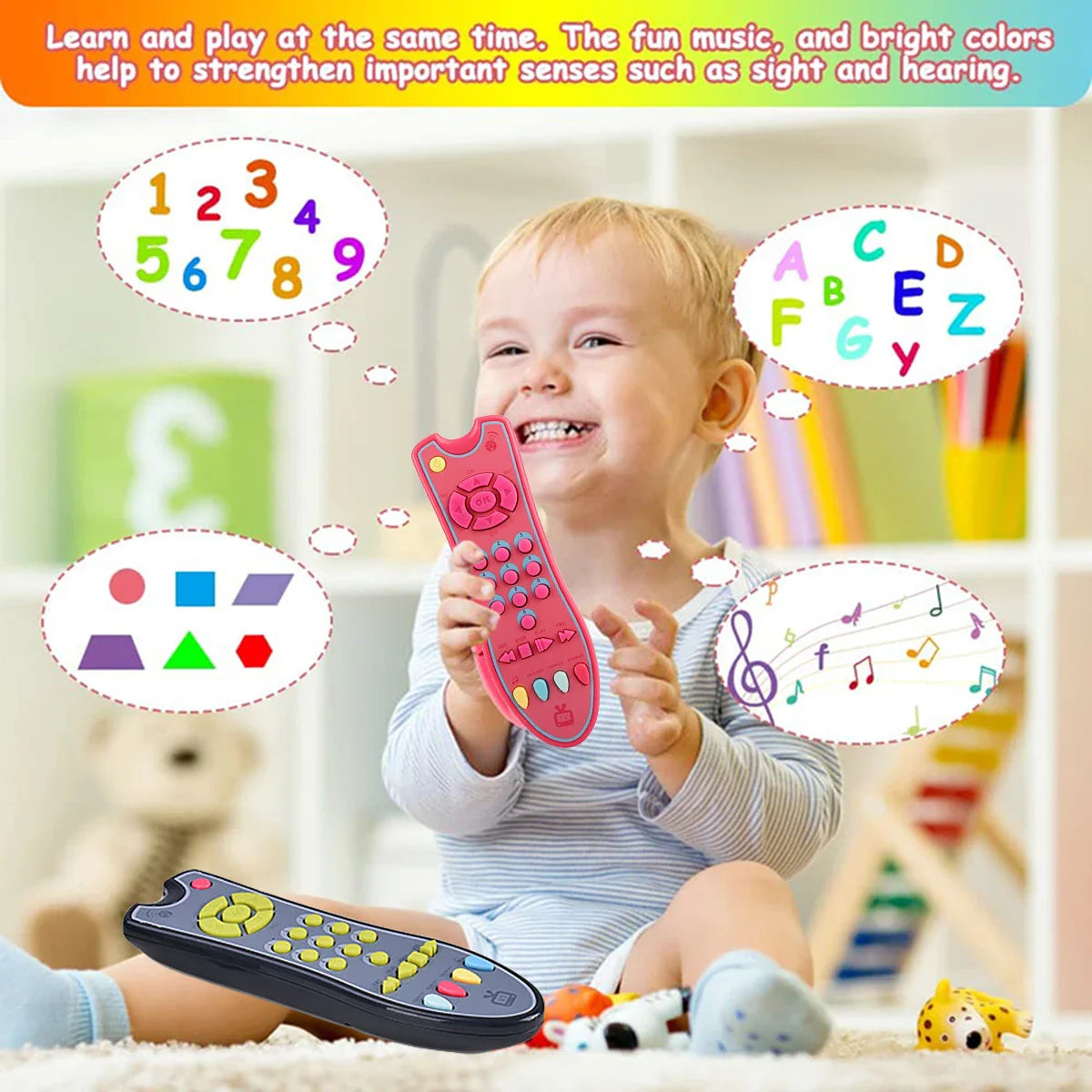 Musical learning phone for kids, teaches numbers, letters, & shapes with interactive buttons.