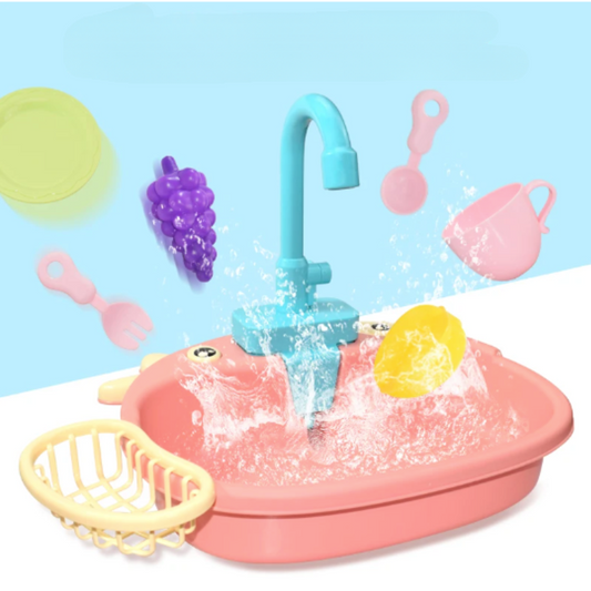 Kids interactive play sink with running water faucet, colorful dishes, and pretend food for fun learning and sensory play