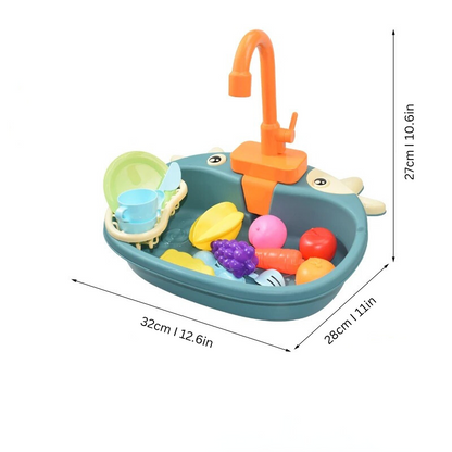 Educational kids play sink set with running water faucet, play dishes, and cleaning accessories, ideal for imaginative learning