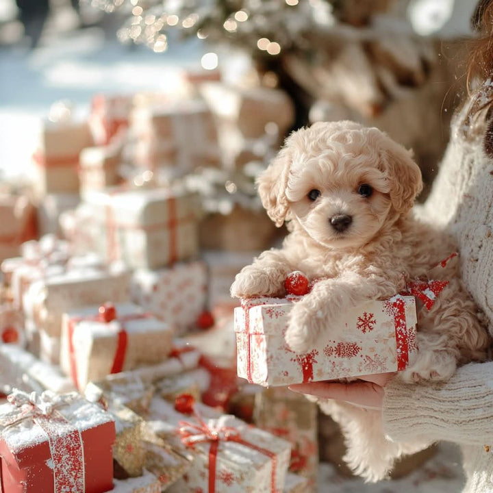 Close-up of a cute, interactive plush dog toy with soft fur & friendly eyes, designed for kids' cuddles.