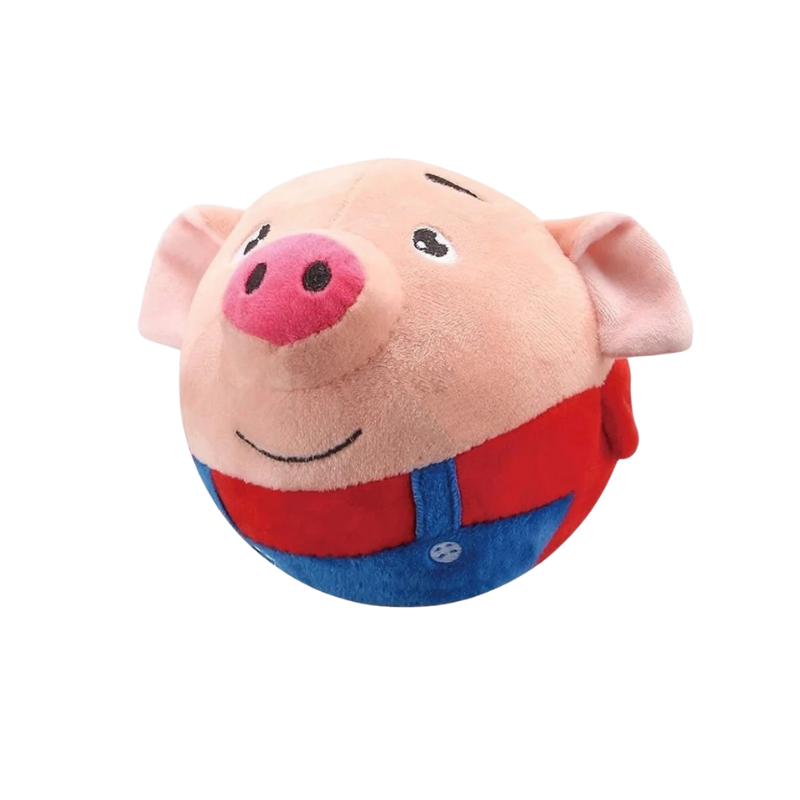 Child delightedly watching a self-moving interactive plush toy ball, encouraging sensory development.