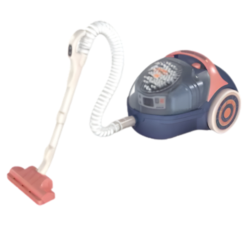 Toddler giggling while playing with a sound-making toy microwave from a children's kitchen appliance set