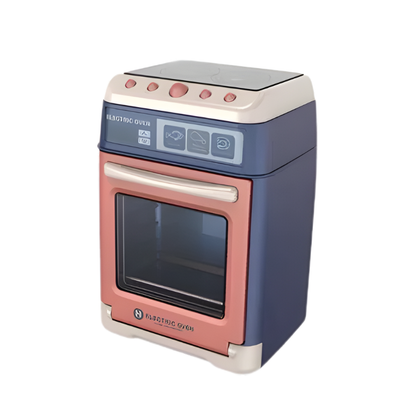 Preschool children learning through play with a realistic toy kitchen appliance set, promoting cognitive development