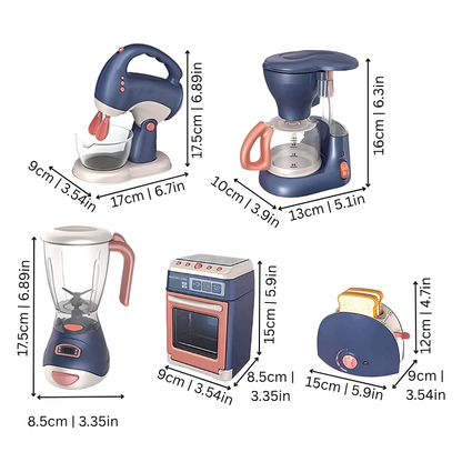 Colorful toy kitchen appliance set with microwave, toaster, blender for children's imaginative play gift