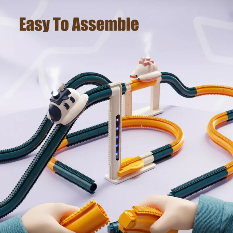 Close-up of a toy steam train engine on tracks, an educational building toy for children