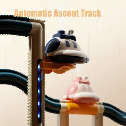 Detailed Kids' Steam Train Track Set showing multiple carriages and curved railway sections