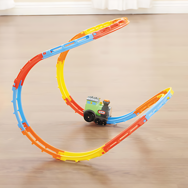 Kids' interactive train set with colorful tracks, engine, and wagons, featuring lights and sounds for engaging play.
