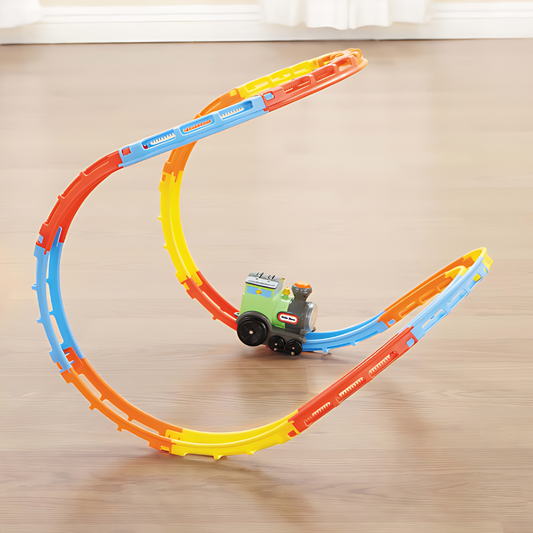 Kids' interactive train set with colorful tracks, engine, and wagons, featuring lights and sounds for engaging play.