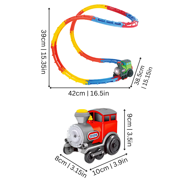 Educational building toy train set for kids with 3D tracks, a vehicle toy, and interactive light and sound features.