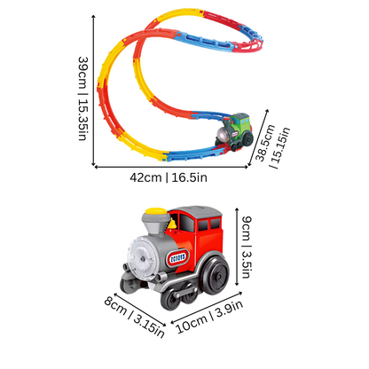 Educational building toy train set for kids with 3D tracks, a vehicle toy, and interactive light and sound features.
