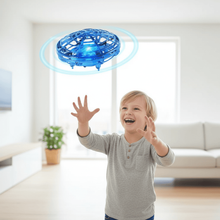 Kids' interactive UFO drone, hand-controlled & USB rechargeable. Perfect flying toy for indoor/outdoor fun.