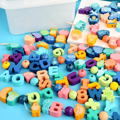 Kids lacing beads set with colorful wooden shapes and strings, enhancing fine motor skills and creative play.