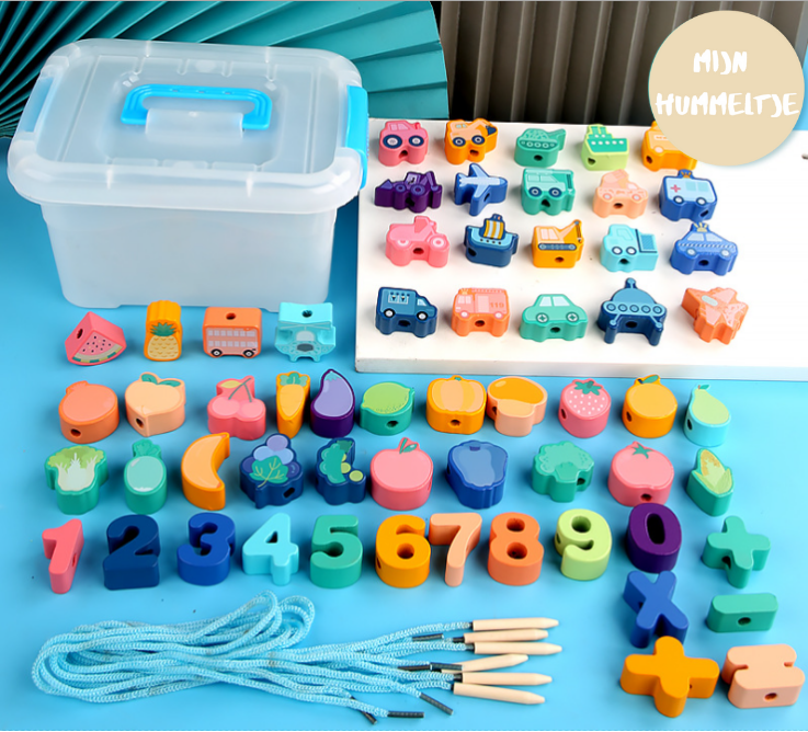 Close-up of a wooden lacing beads set, featuring various shapes and vibrant colors, ideal for preschool learning.
