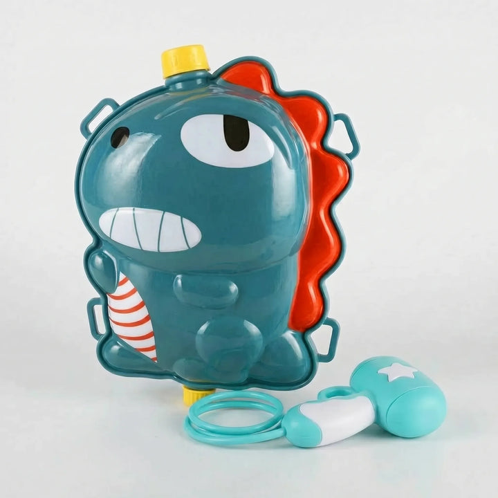 Colorful backpack water gun in various designs (dragon, unicorn, dino) for kids' outdoor summer fun.