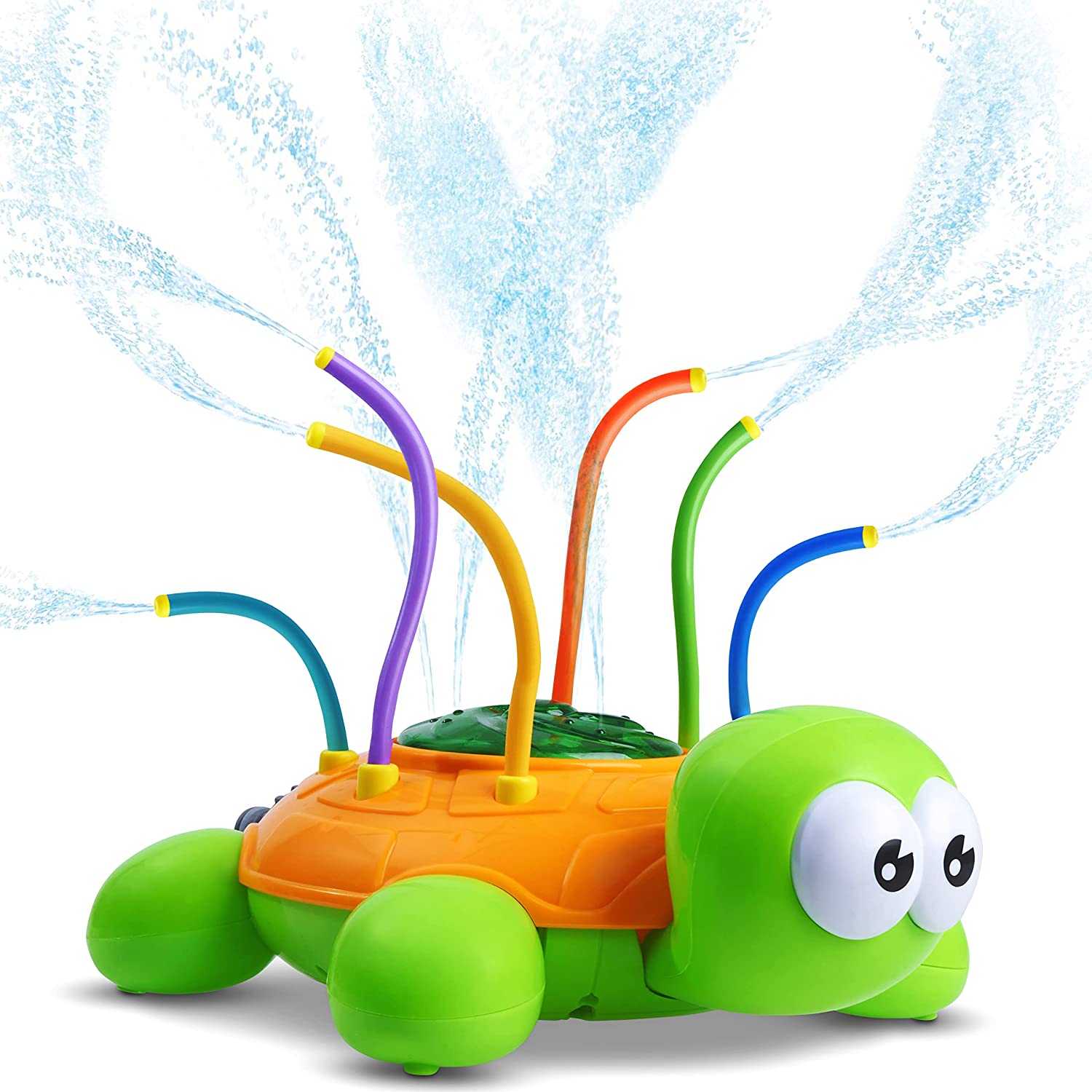 Kids laughing and playing with a vibrant outdoor sprinkler toy in a sunny backyard, perfect for summer water fun.