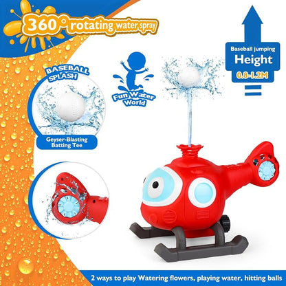 Happy kids running through an activated outdoor water sprinkler, great for summer water play.