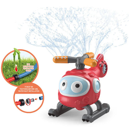 Family fun with a vibrant water sprinkler set up in a backyard, perfect outdoor water play equipment.