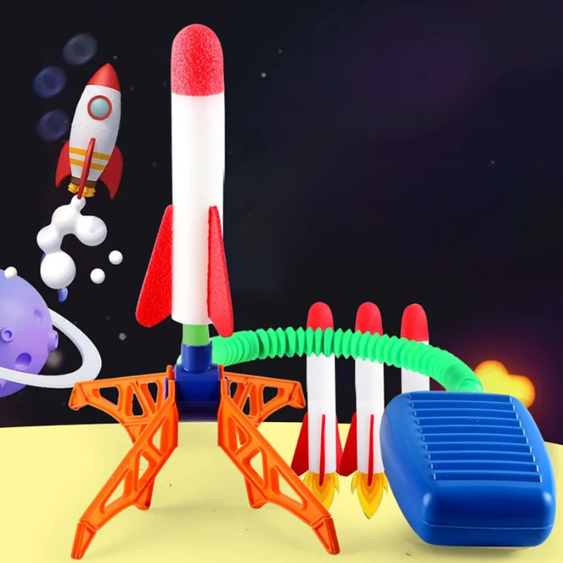 Kids launching a colorful foam stomp rocket high into the sky, active outdoor play toy