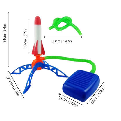 Close-up of a vibrant stomp rocket on its launcher, ready for backyard fun