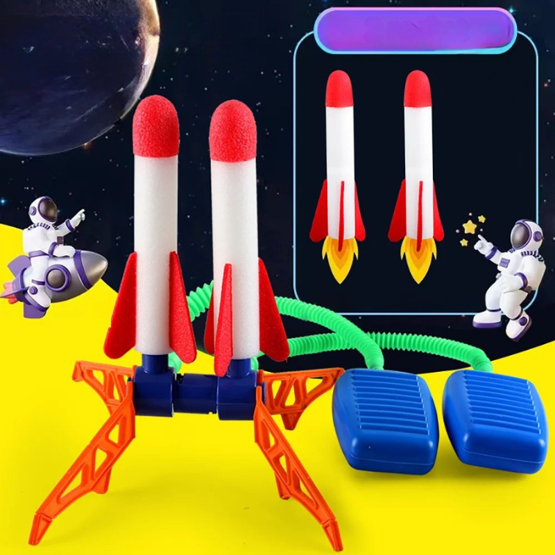 Set of multiple colorful foam stomp rockets with a launcher for kids' outdoor play