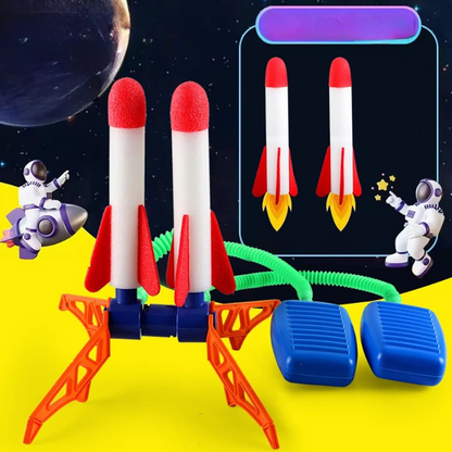Set of multiple colorful foam stomp rockets with a launcher for kids' outdoor play