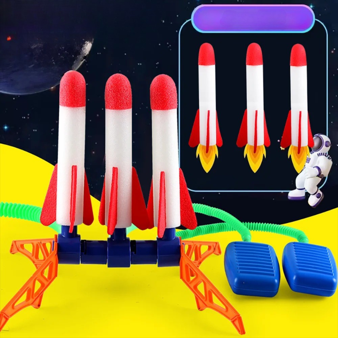 Kids' outdoor stomp rocket set in a a grassy park, perfect for active backyard fun