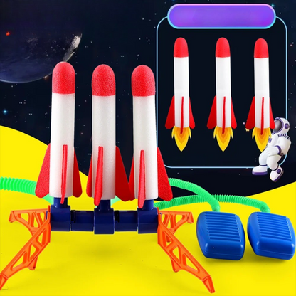 Kids' outdoor stomp rocket set in a a grassy park, perfect for active backyard fun