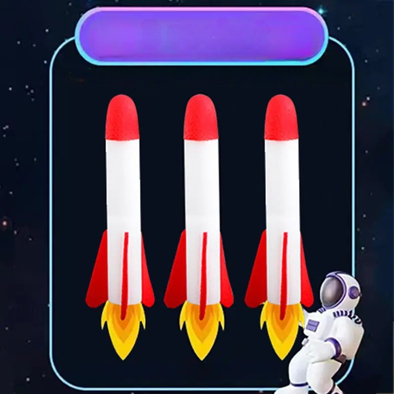 Side view of a bright foam stomp rocket on its base launcher, kids' outdoor toy