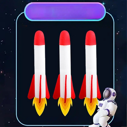 Side view of a bright foam stomp rocket on its base launcher, kids' outdoor toy